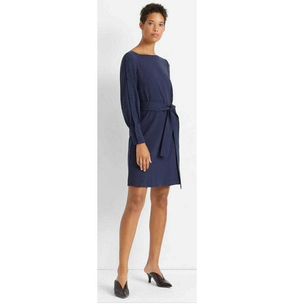 Club Monaco button sleeve vary navy belted dress